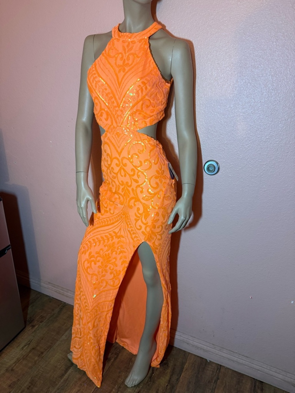 Windsor Neon Orange Sequin Cutout Halter Prom Formal Dress Slit M